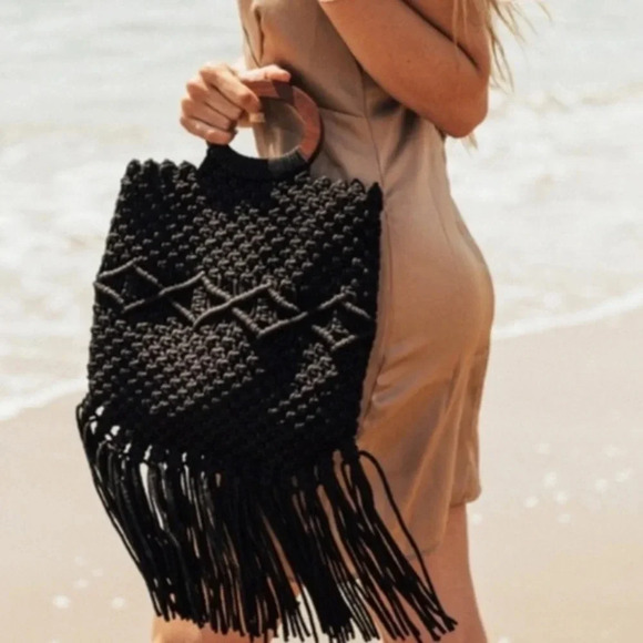 Danielle Nicole Black Macramé Boho‎ Crossbody/Handbag with Fringe. - Picture 9 of 16